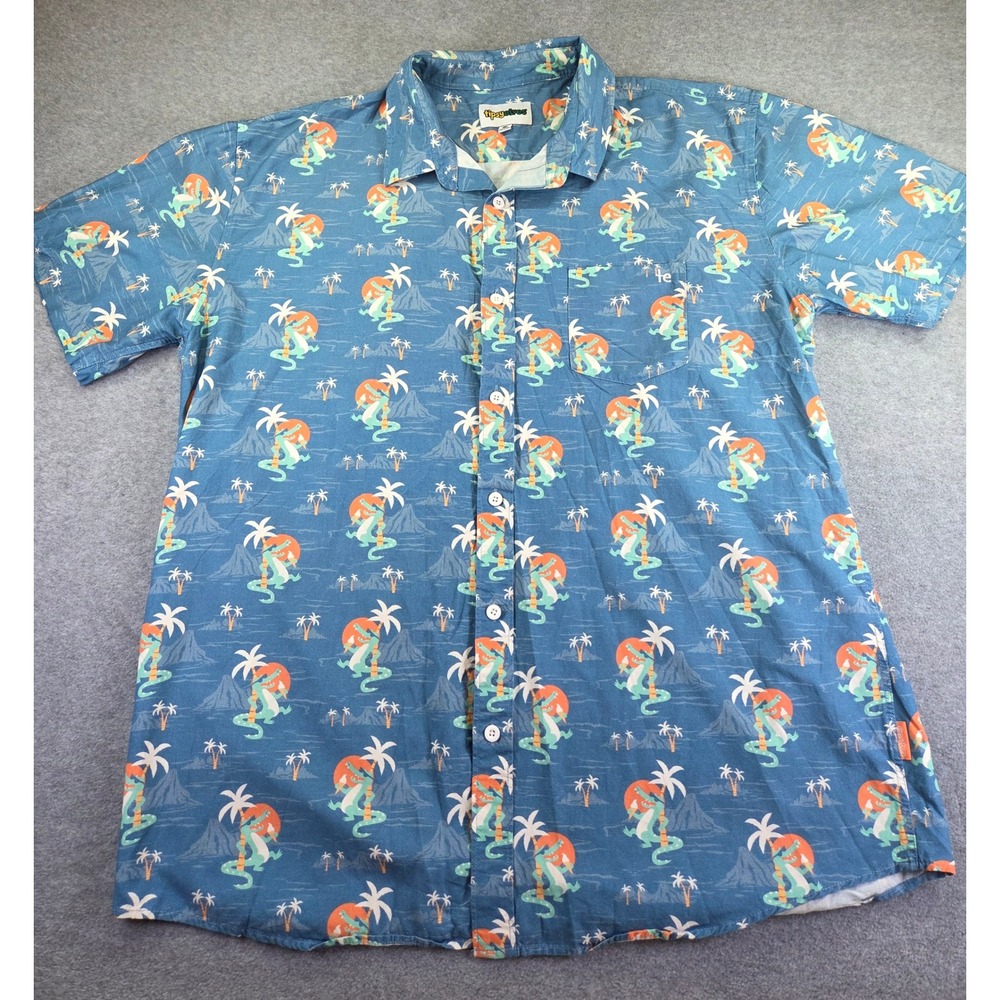 Tipsy Elves Mens Alligator Palm Tree Button Down Shirt XXL Blue Tropical Kitsch